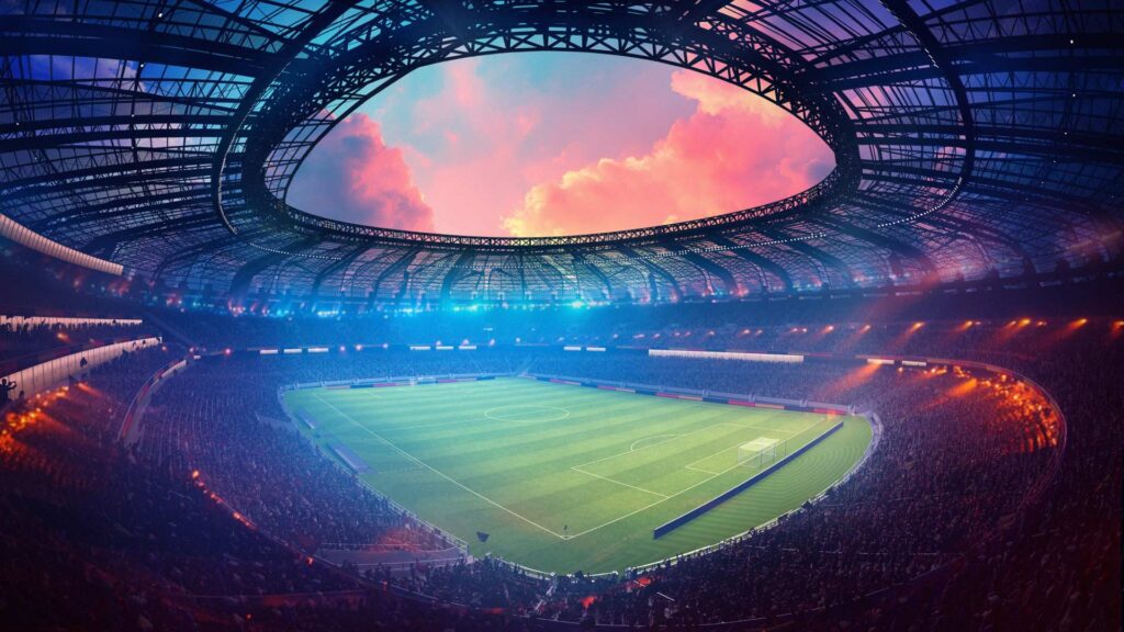 A massive sports stadium with light from a sunset pouring in